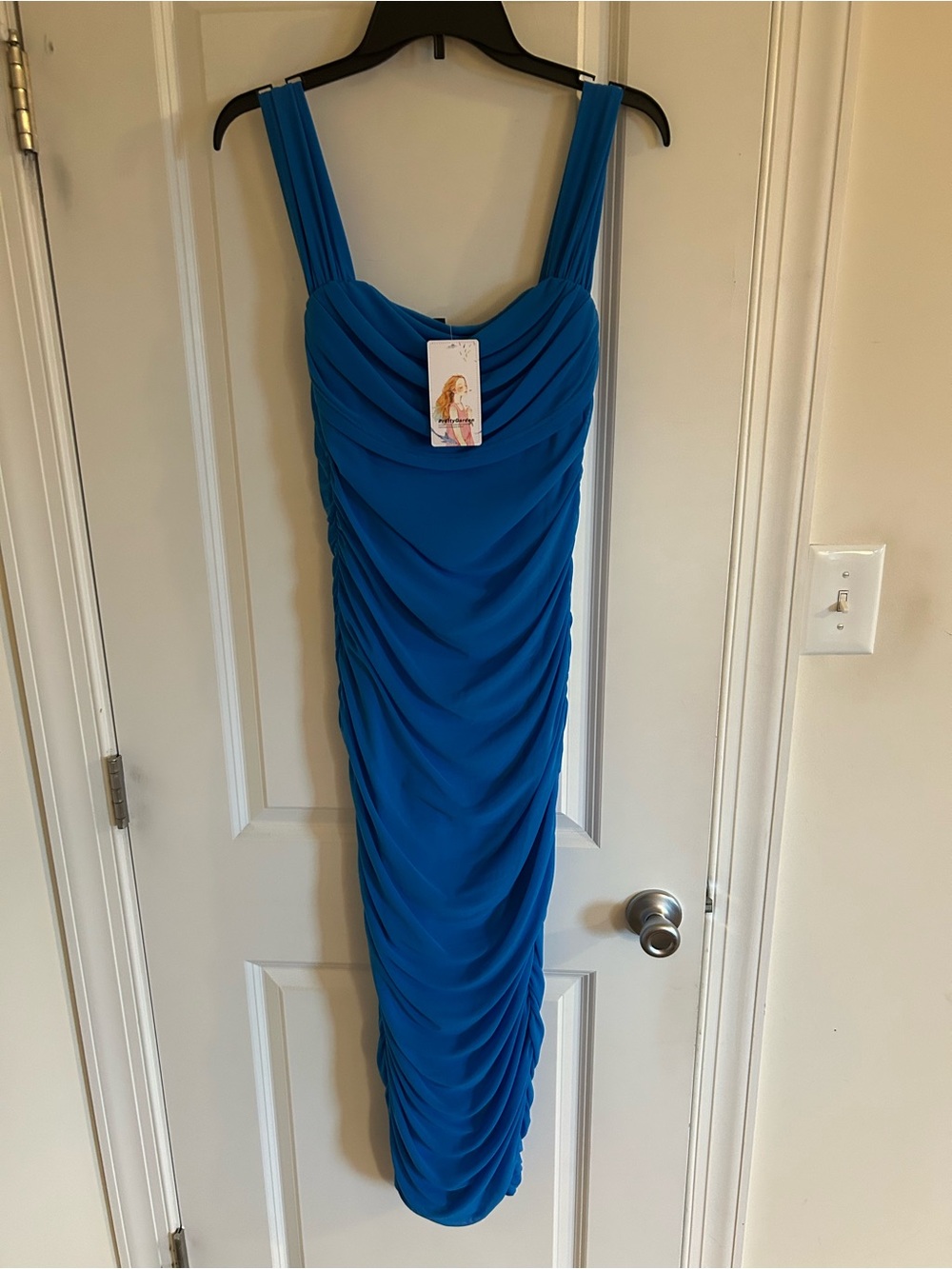 PRETTYGARDEN square-neck ruched mesh bodycon dress in bright cerulean blue  NWT